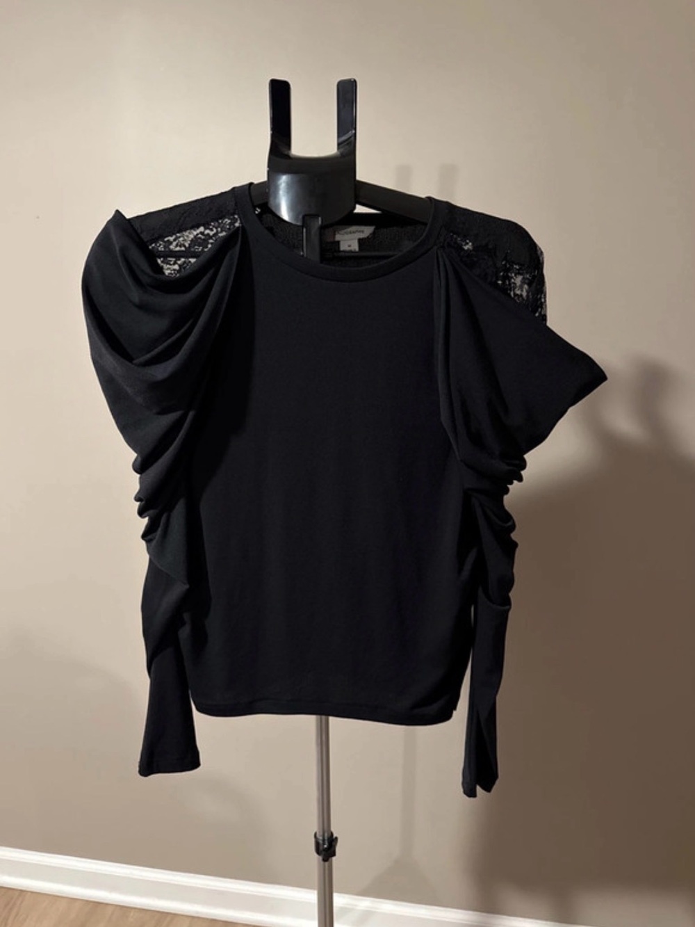 Black Ruched Lace Shoulder Women's Top